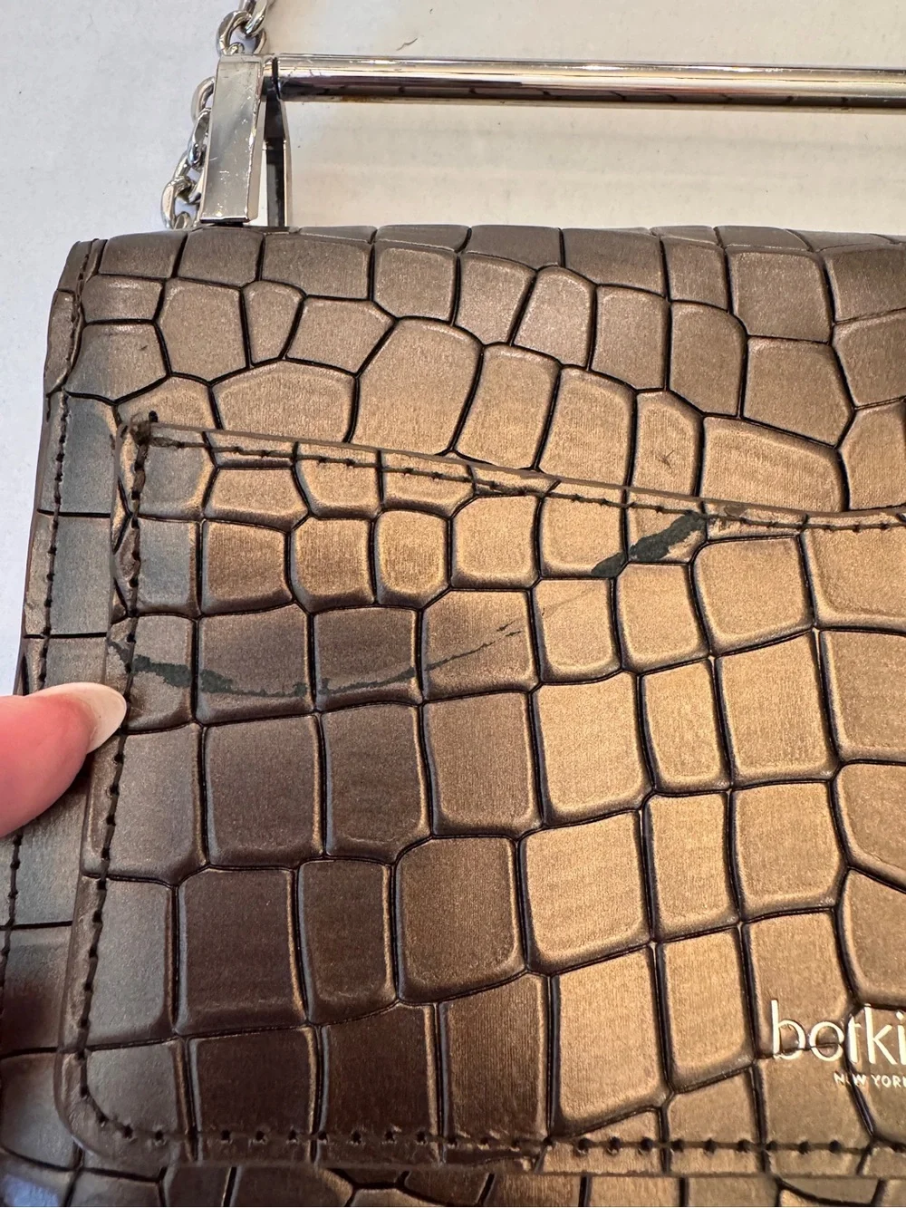 VTG BOTKIER LENOX GUNMETAL CROC LEATHER CHAIN CROSS BODY TOP HANDLE BAG PURSE